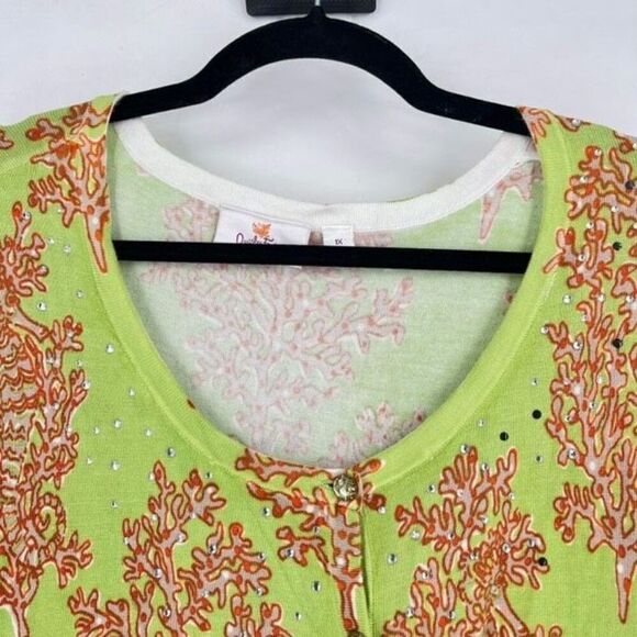 Quacker Factory Rhinestones Button Front Short Sleeve Cardigan Green Orange 1X - Picture 3 of 11